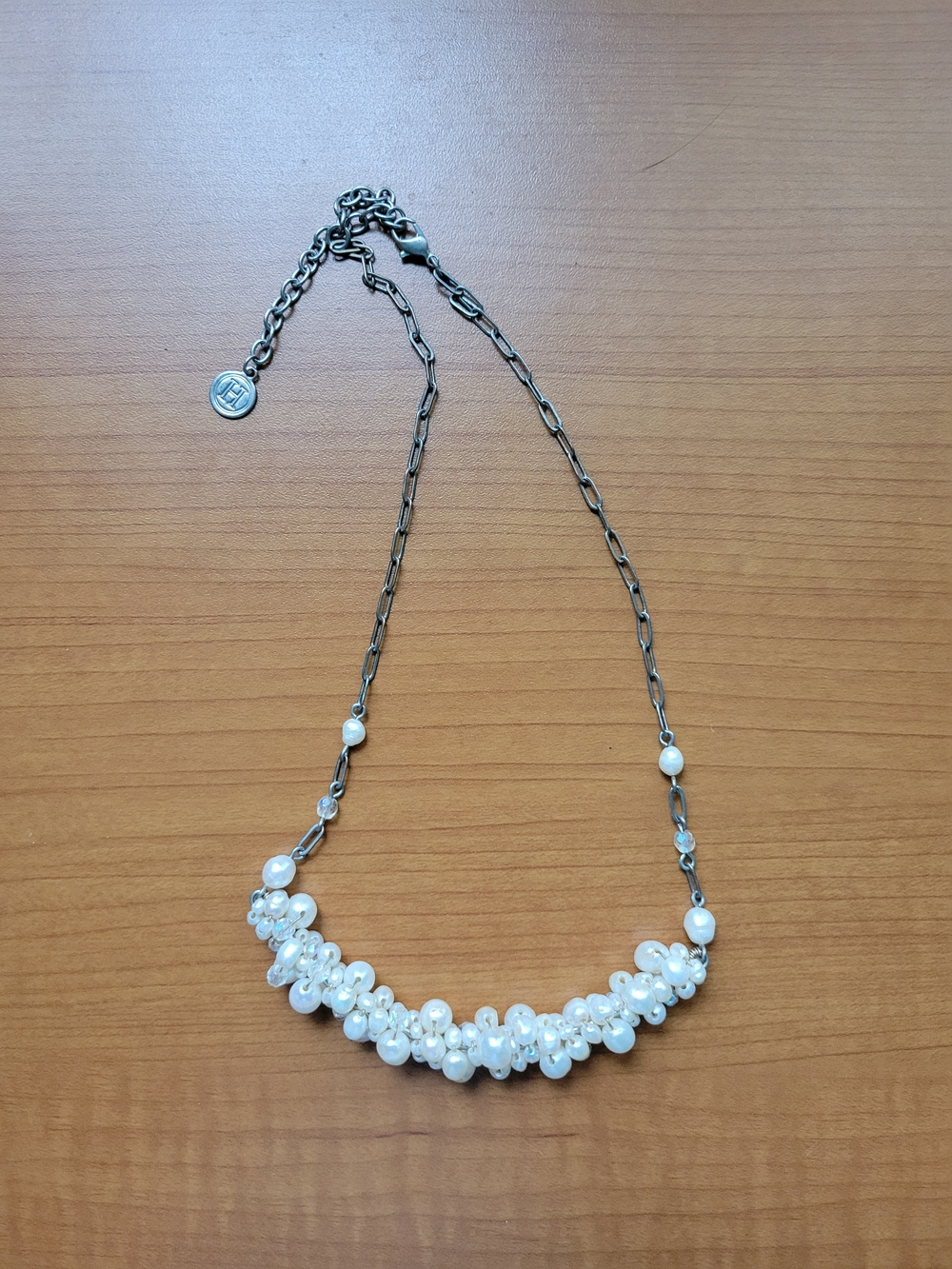 Antiqued Silver-Tone Pearl Cluster Bib Necklace with Logo Charm